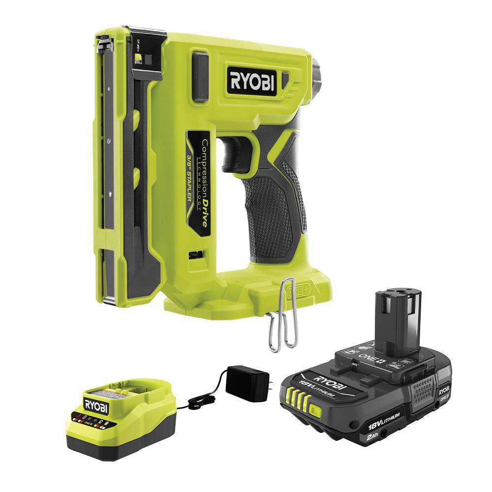 RYOBI ONE+ 18V Cordless Compression Drive 38 in. Crown Stapler Kit with 2.0 Ah Battery and Charger P317K1N