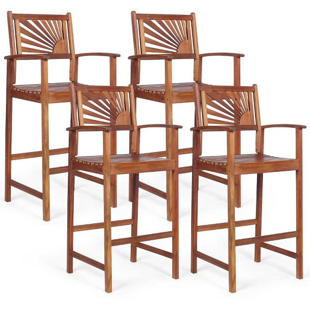 Costway 4pcs Patio Acacia Wood Bar Stool Pub Bar Chair W Footrest Outdoor Indoor