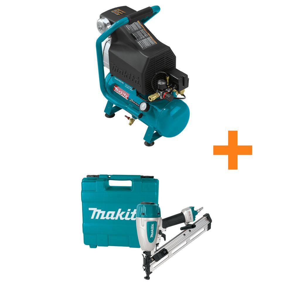 Makita 2.6 Gal. 2 HP Portable Electrical Hot Dog Air Compressor with Bonus Pneumatic 15-Gauge 2.5 in. Angled Finish Nailer MAC700-AF635