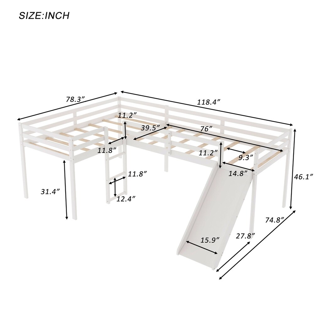 L Shaped Twin Size Loft Bed with Ladder and Slide  White