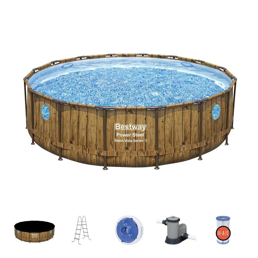 Bestway Swim Vista 16 ft. x 16 ft. Round 48 in. Deep Power Steel Above Ground Swimming Pool Set 56726E-BW