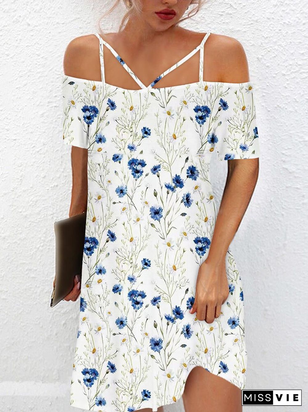 Vintage One-Line Neck Cross Strap Dress Women Summer Sexy Short Sleeve Backless Mini Dress Ladies Fashion Printed Loose Dresses