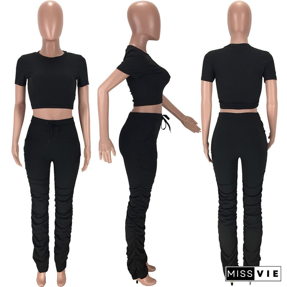 Hot Women Short Sleeves Crop Top And Stack Pants 2 Pieces Sets