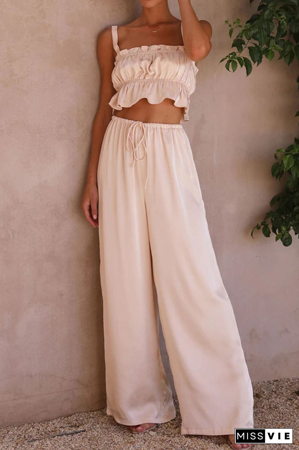 Plain Ruched Cami Crop Top With Wide Leg Pants 2pcs Set