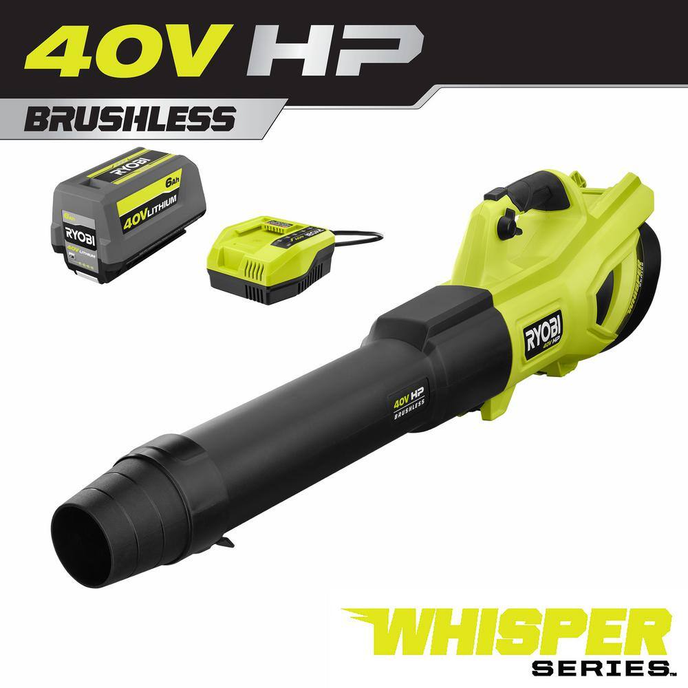 RYOBI 40V HP Brushless Whisper Series 160 MPH 650 CFM Cordless Battery Leaf Blower with 6.0 Ah Battery and Charger RY404140