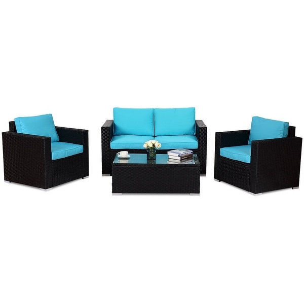 4PC Rattan Patio Furniture Set Outdoor Wicker With Blue Cushion