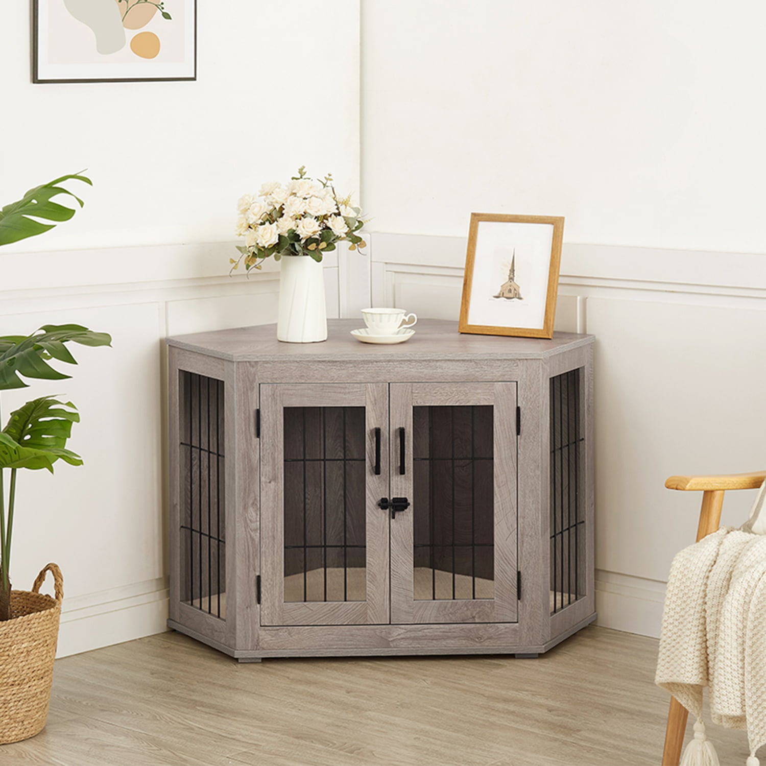 Unipaws Corner Dog Crate Furniture， Wooden Dog Kennel for Dogs Puppy， Pet Crate for Limited Room， Medium， Weathered Gray