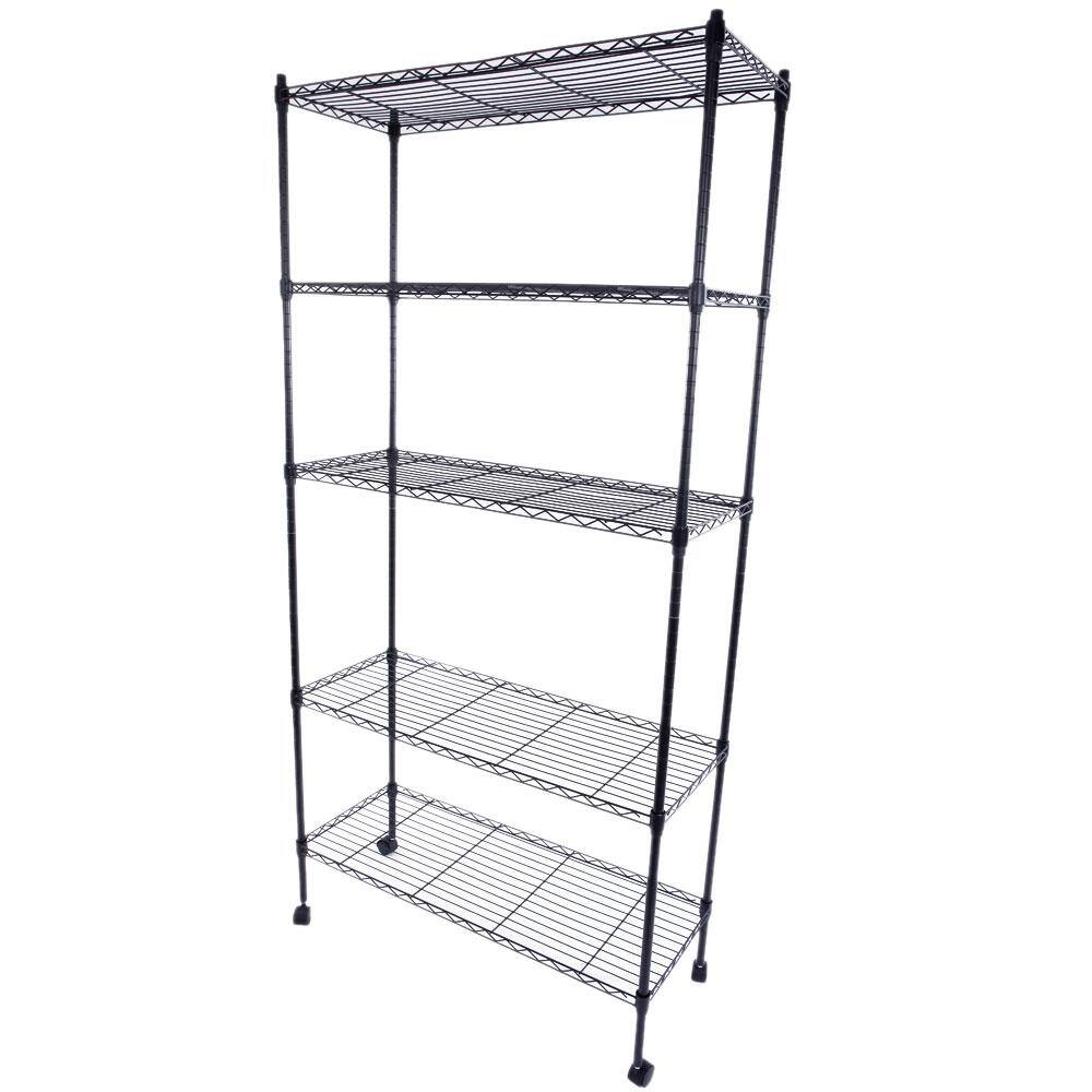 Karl home Black 5-Tier Metal Freestanding Garage Storage Shelving Unit with Wheels (13.78 in. W x 65 in. H x 35.43 in. D) 302992573365