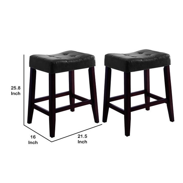 Wooden Stools with Saddle Seat and Button Tufts， Set of 2， Black and Brown