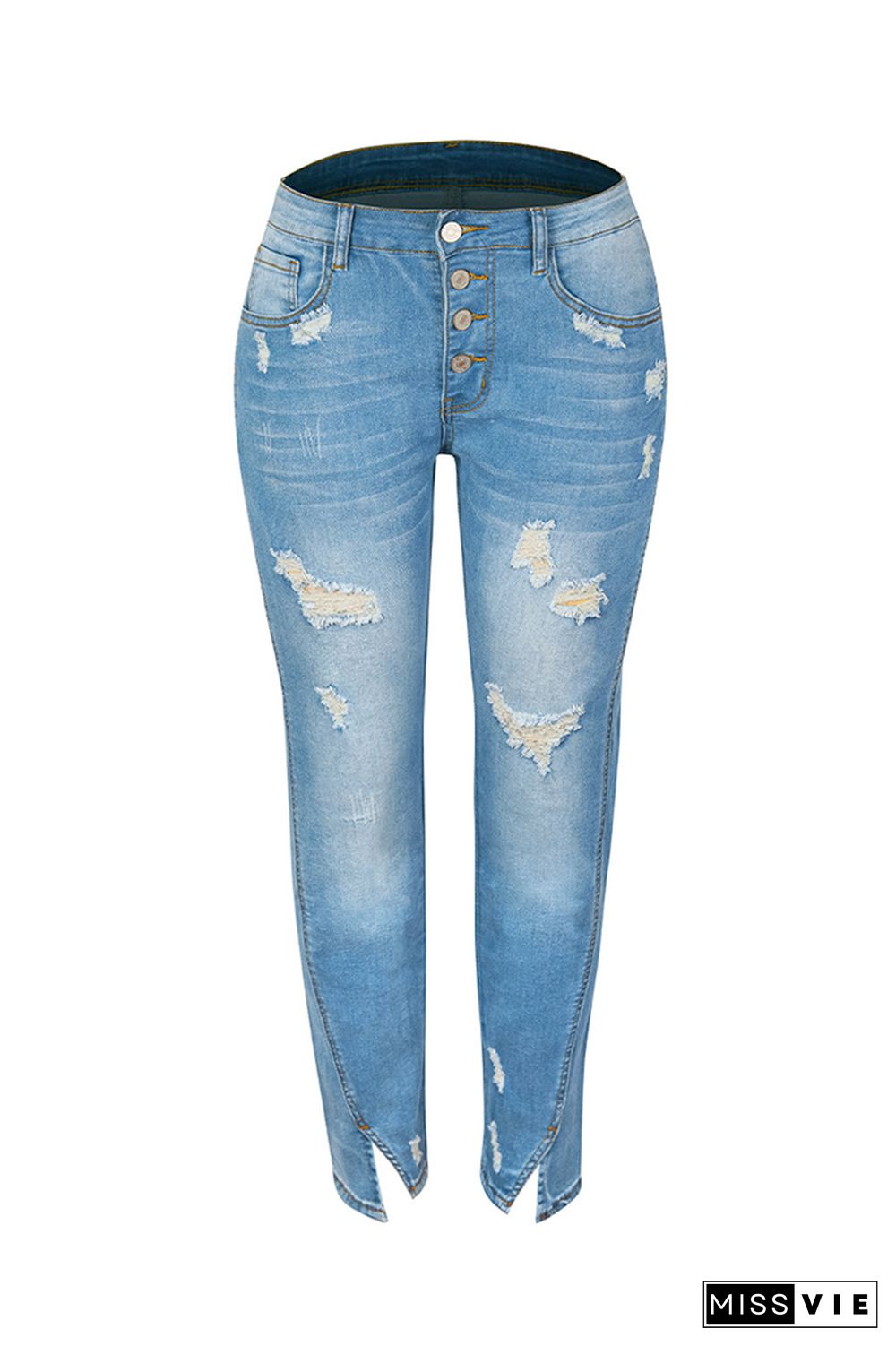 Multi Buttons Washed Ripped High Waist Skinny Jeans