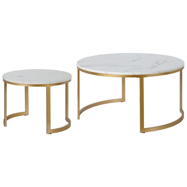 Mitera Round Nested Coffee Table with Faux Marble Top in Brass/Faux Marble