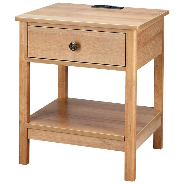 DecorTech Traditional Rectangular End Table with AC Power and USB Charging Ports， Oak