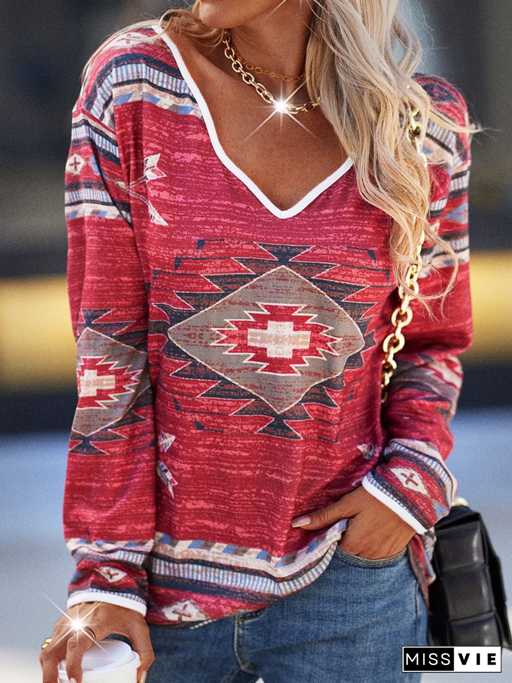 Long Sleeve V-neck Vintage Tribal T-shirt