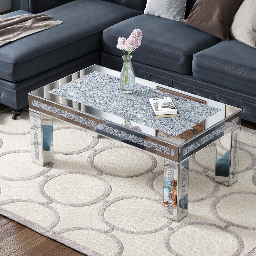 Rectangular Silver Coffee Table Mirrored Finish with Crystal Inlay