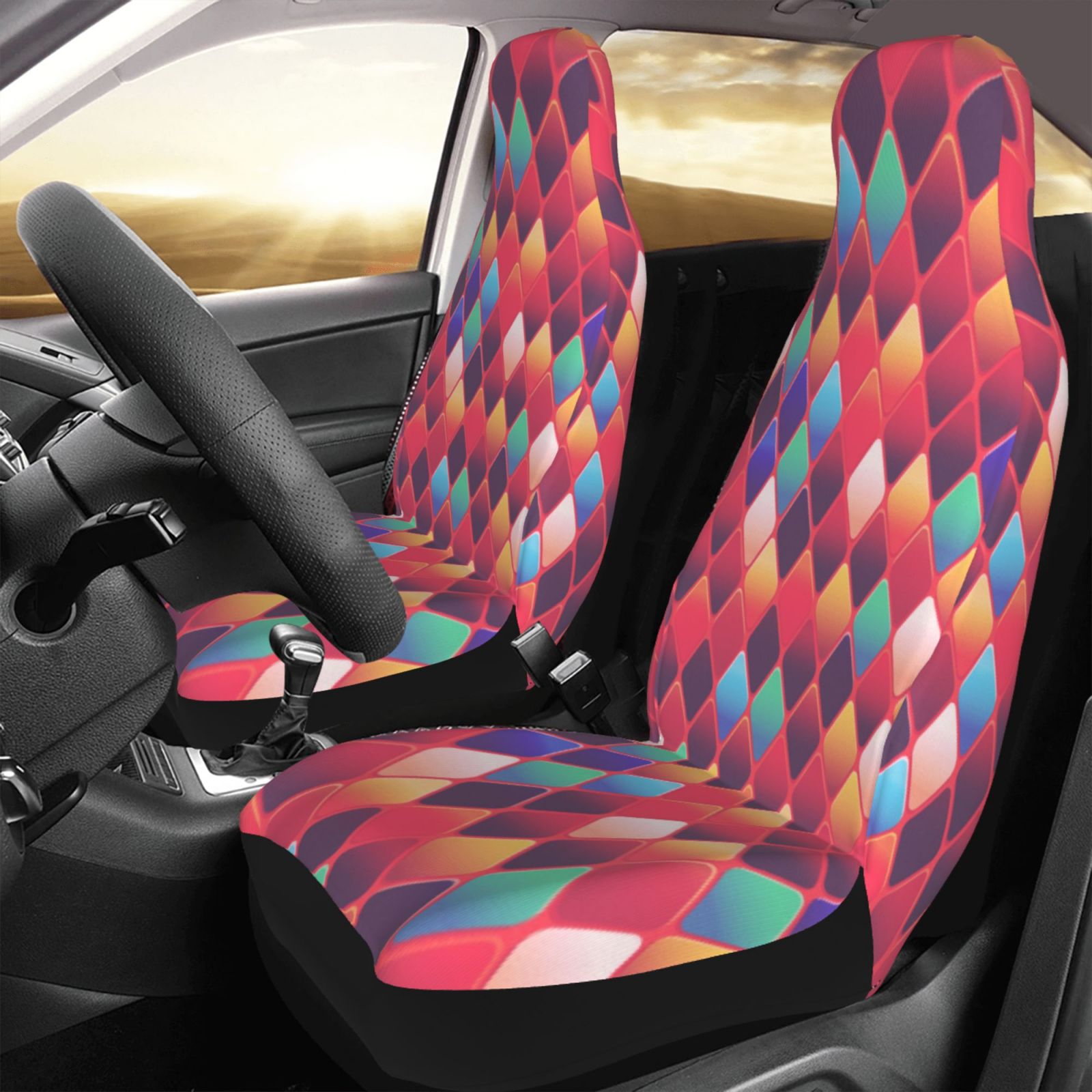 TEQUAN Front Seat Covers， Geometric Diamond Shape Tile Pattern 2 Piece Car Seat Cover Fit Most Car SUV Truck Van