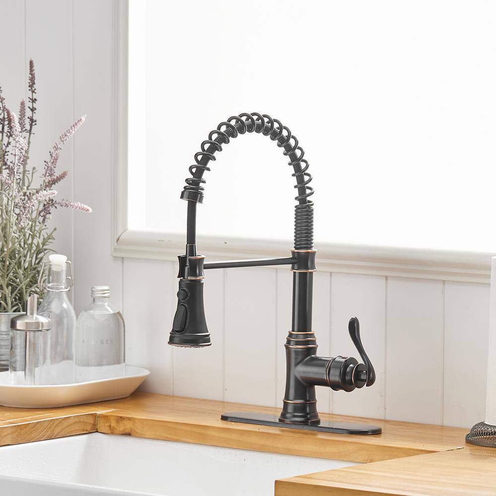 BWE Single-Handle Pull-Down Sprayer 3 Spray High Arc Kitchen Faucet With Deck Plate in Oil Rubbed Bronze A-94553-ORB