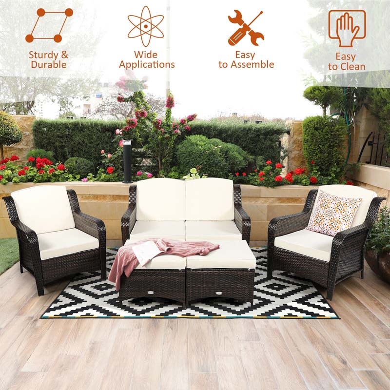 5 Pcs Rattan Wicker Patio Furniture Set with Loveseat, Single Sofas & Ottomans, Outdoor Conversation Sets