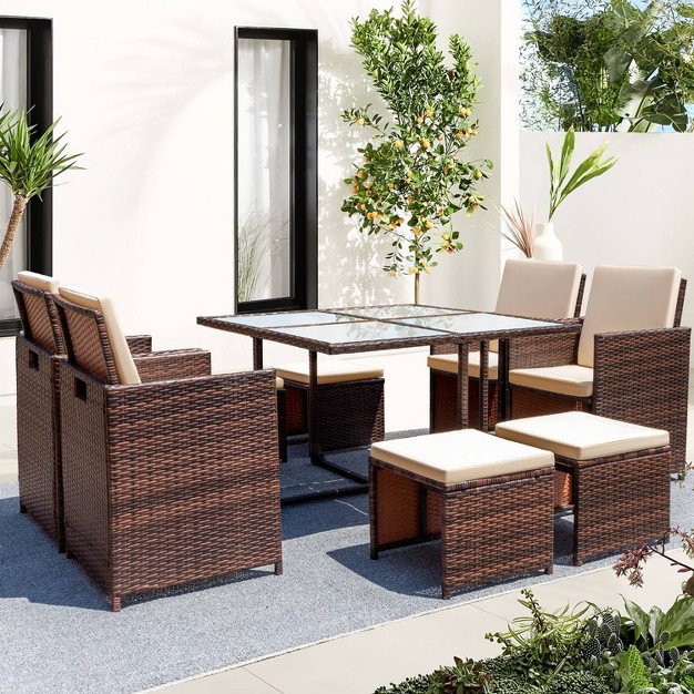 9pc Outdoor Conversation Set With Tempered Glass Table Cushioned Chairs amp Ottomans Devoko