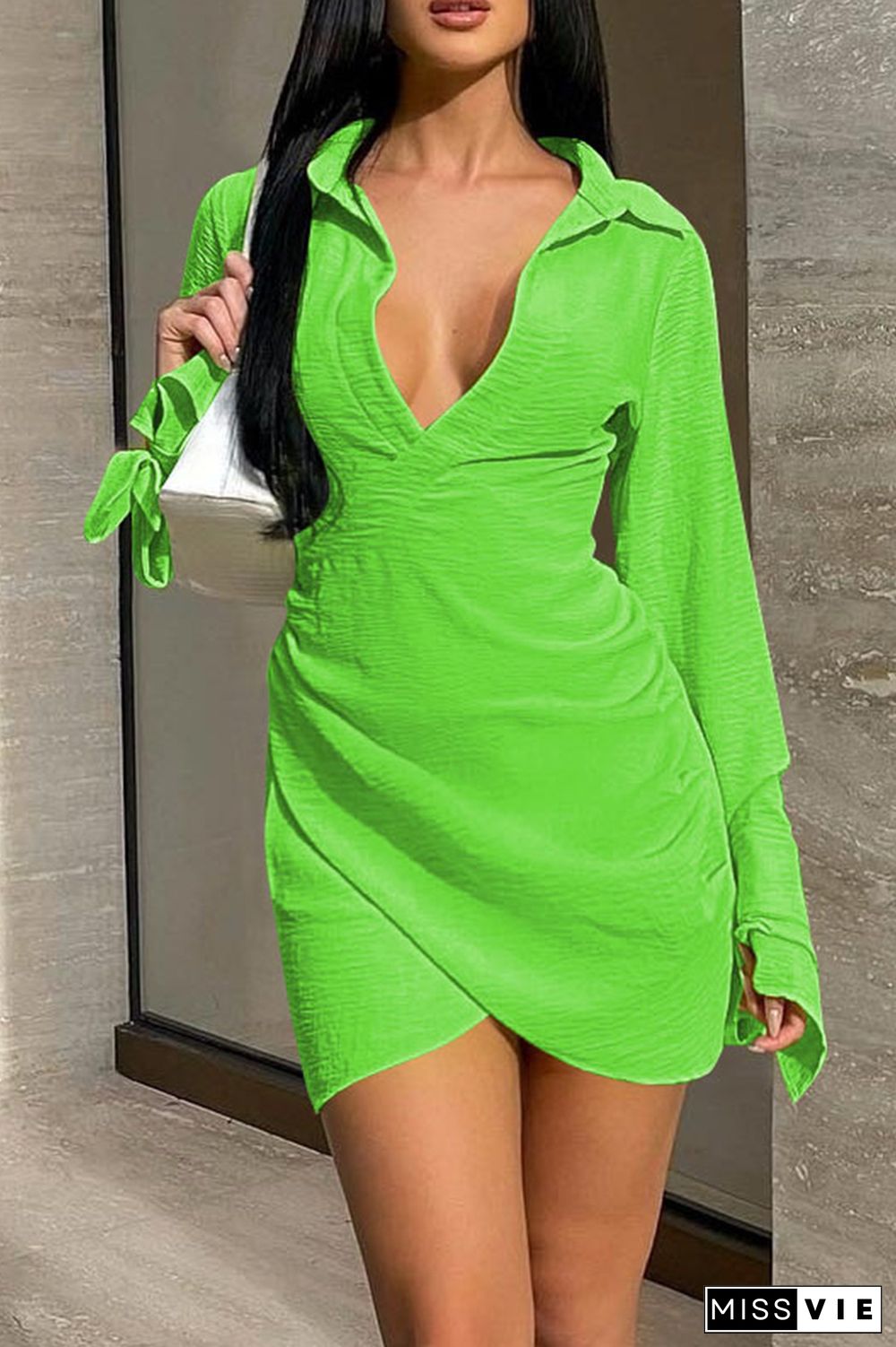 Fluorescent Green Casual Solid Patchwork V Neck Long Sleeve Dresses