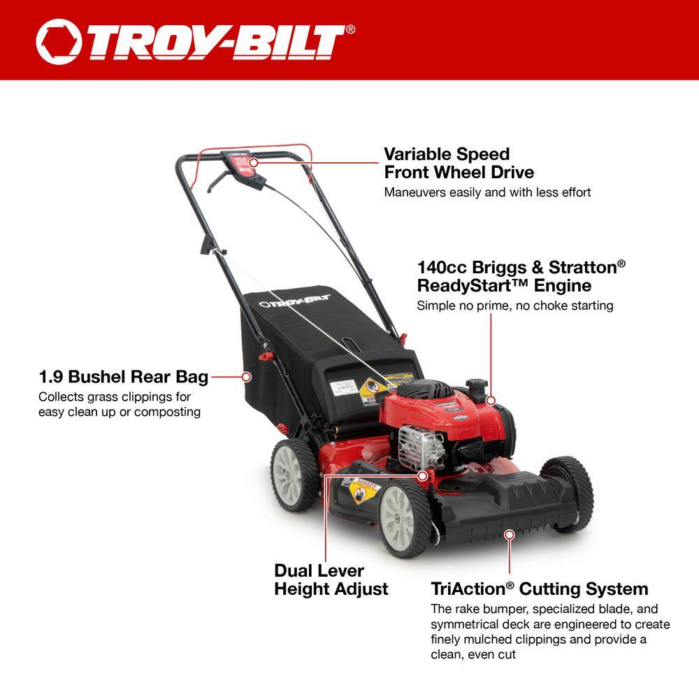 Troy-Bilt 21 in. 140 cc Briggs and Stratton Gas Engine Self Propelled Lawn Mower with Rear Bag and Mulching Kit Included TB210B