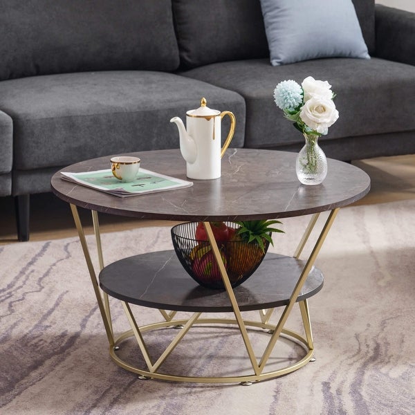 2-Tier Round Coffee Table， 31.5 Inch Modern Coffee Table for Living Room， Faux Marble Accent Table with Metal Frame - as picture