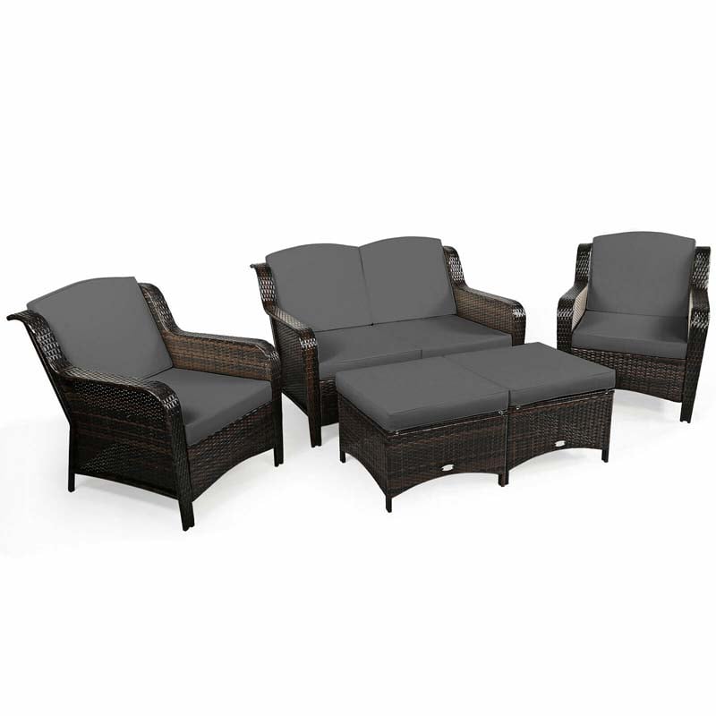 5 Pcs Rattan Wicker Patio Furniture Set with Loveseat, Single Sofas & Ottomans, Outdoor Conversation Sets