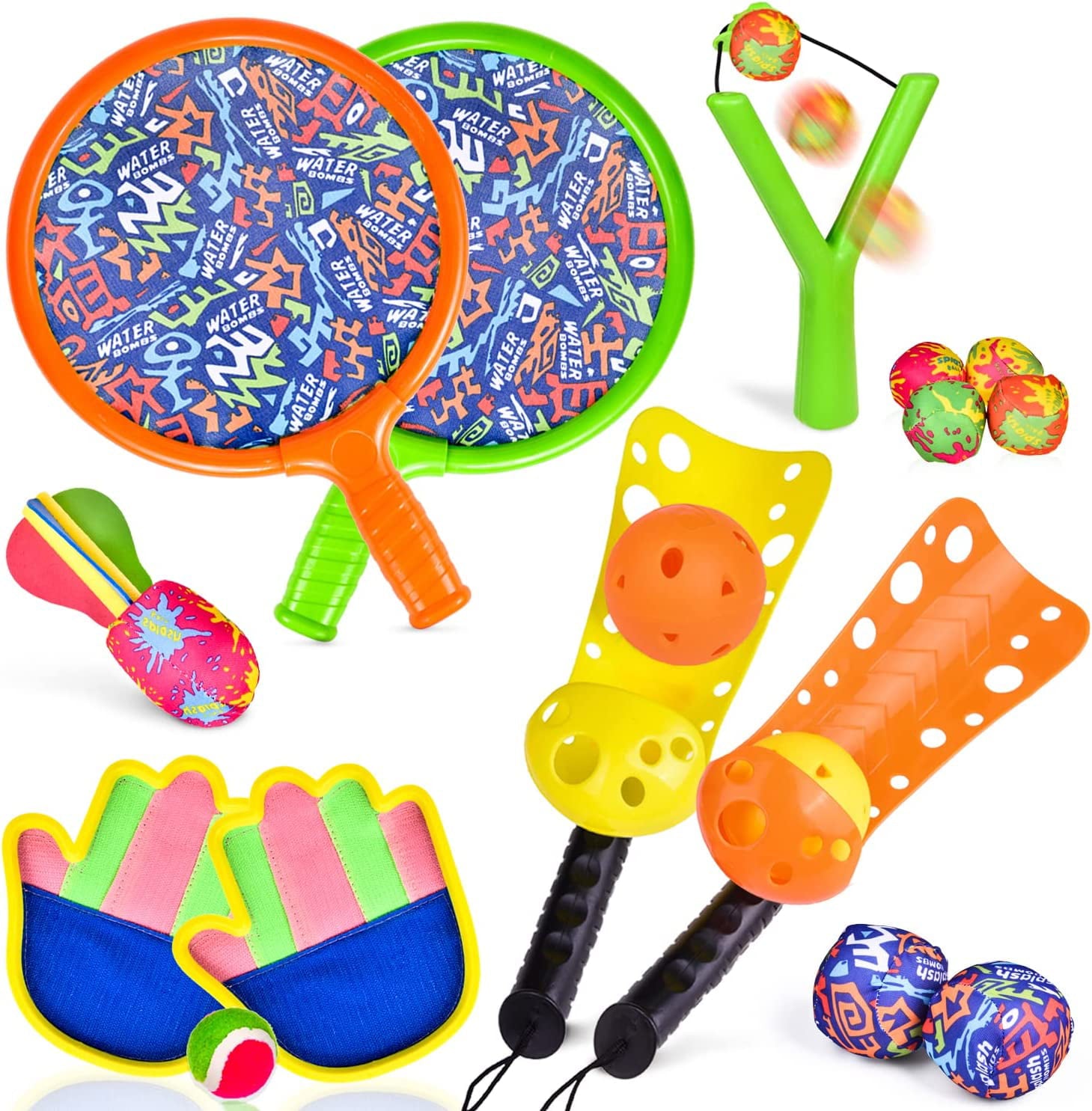 Fun Little Toys  17 PCs Sports Outdoor Games Set with Scoop Ball Toss， Toss and Catch Games， Tennis Racket Sports Toy， Slingshot Rocket Copters Water Toys for Kids