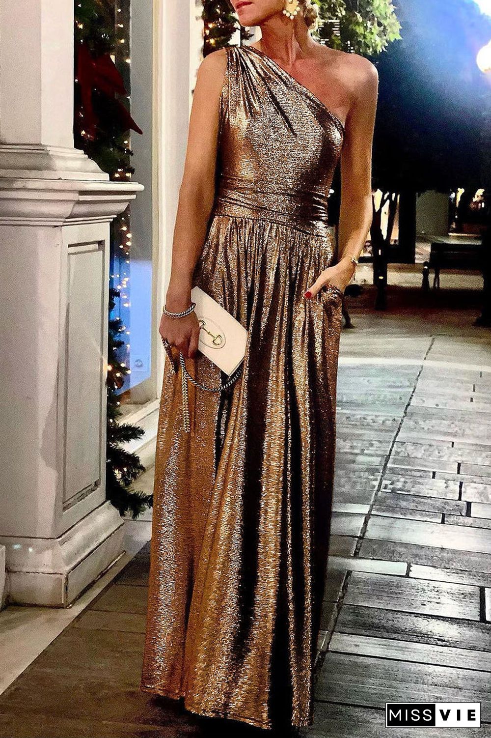 Sexy Elegant Solid Bronzing Sequined Oblique Collar Evening Dress