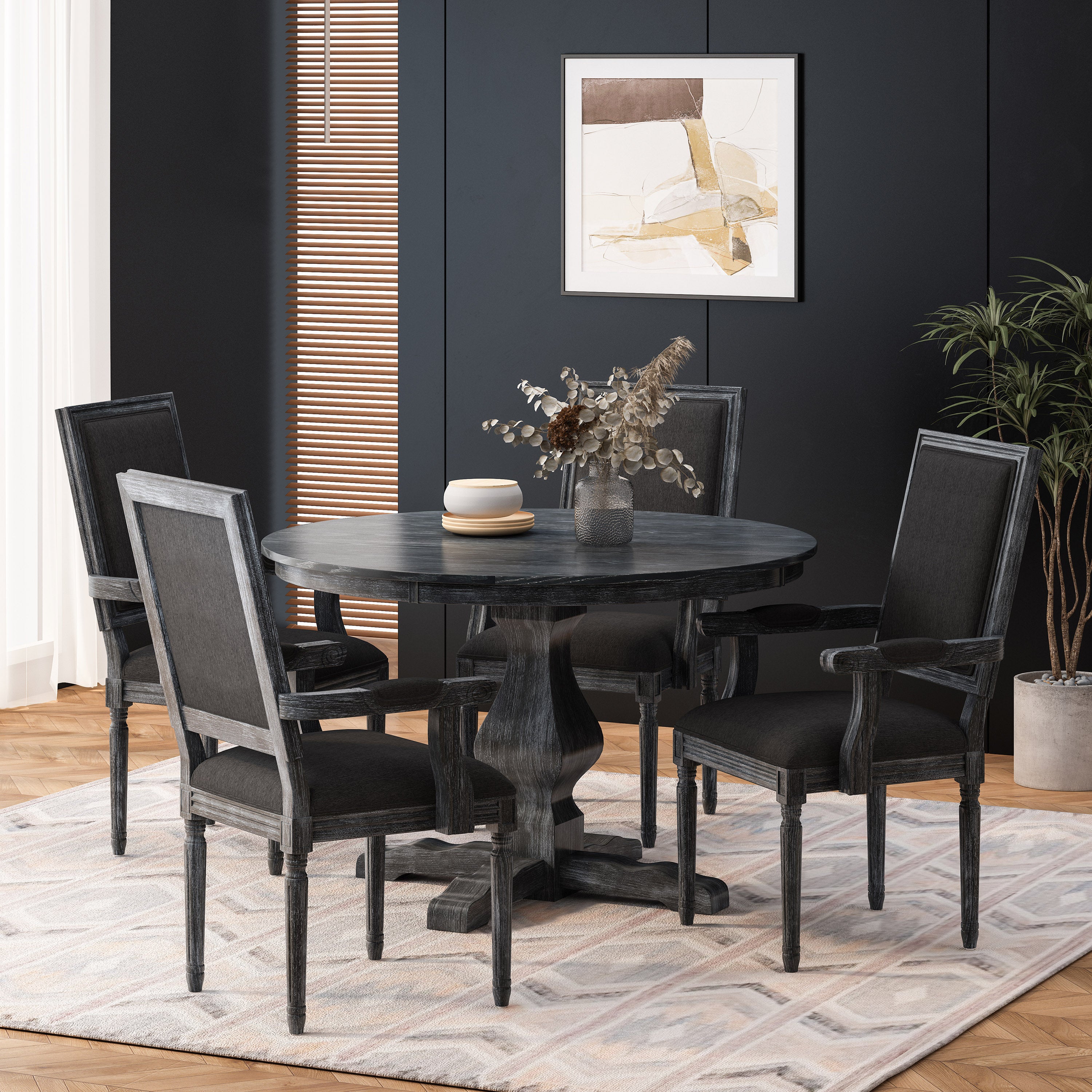 Joretta French Country Fabric Upholstered Wood 5 Piece Circular Dining Set