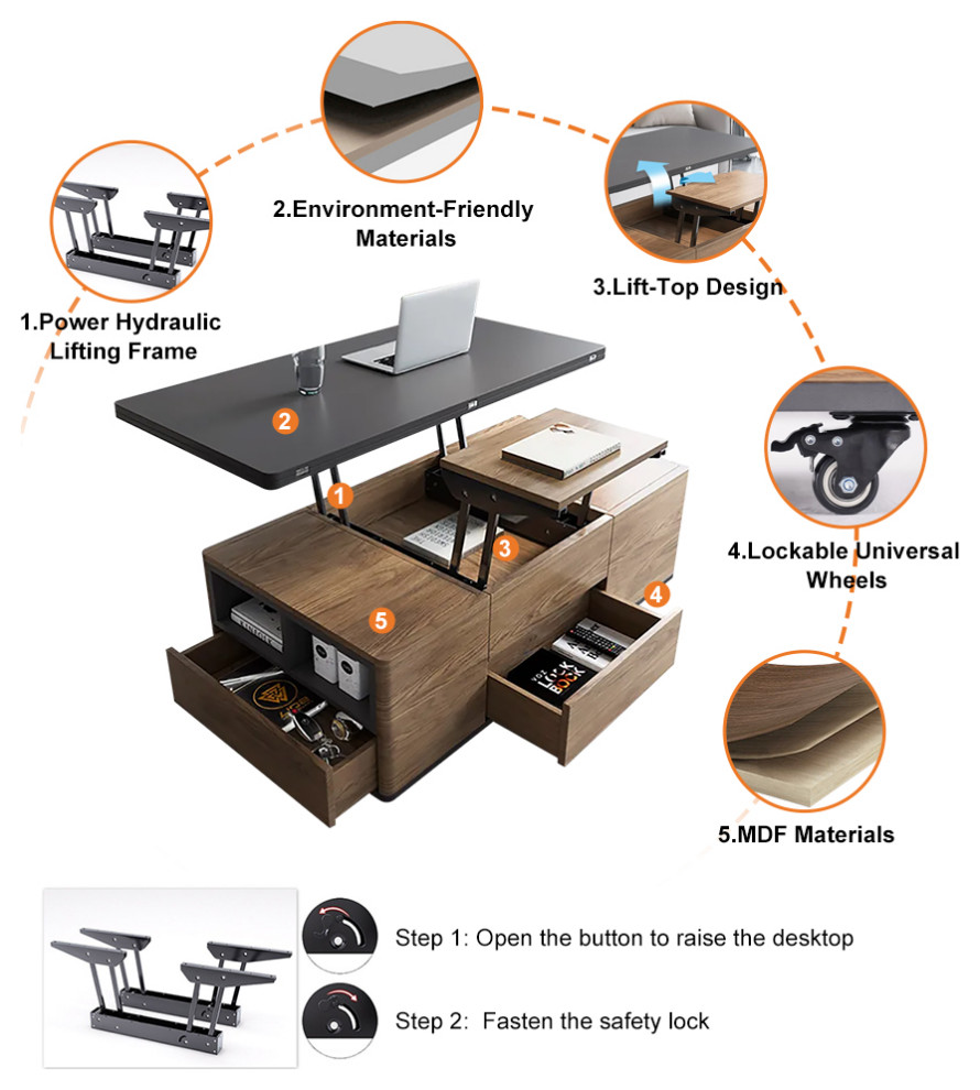 Lift Top Coffee Table Multi Functional Table With 3 Drawers  Walnut/Black   Transitional   Coffee Tables   by Homary International Limited  Houzz