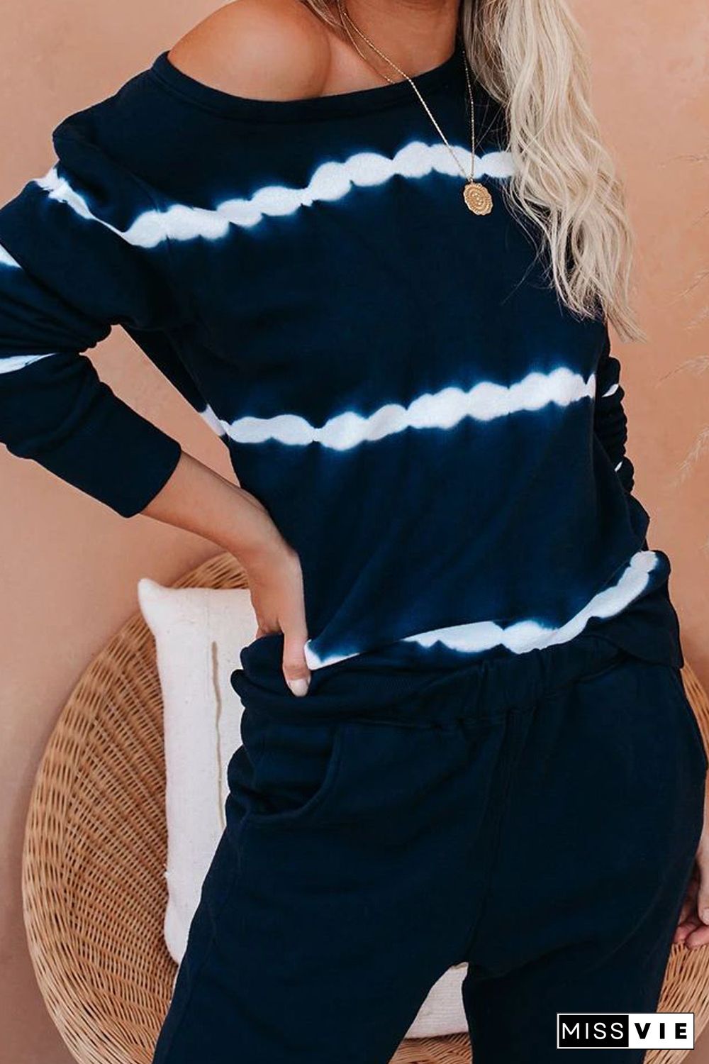 Navy Tie-dye Stripes Pullover Top and Pants Lounge Set