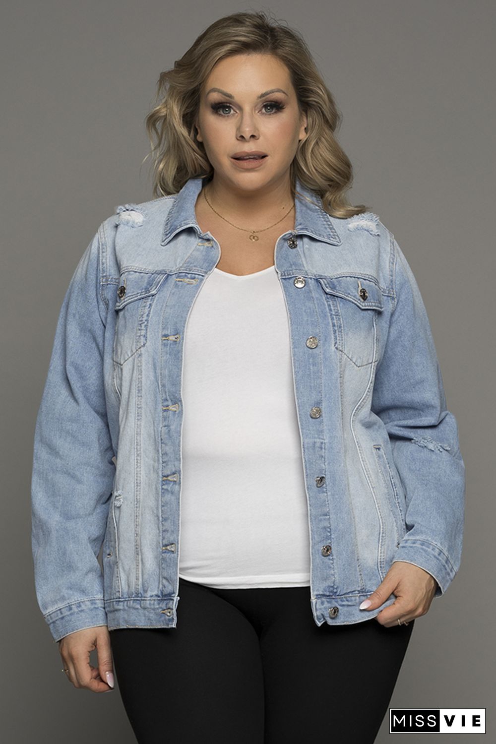 Light Blue Plus Size Washed Pocketed Denim Jacket