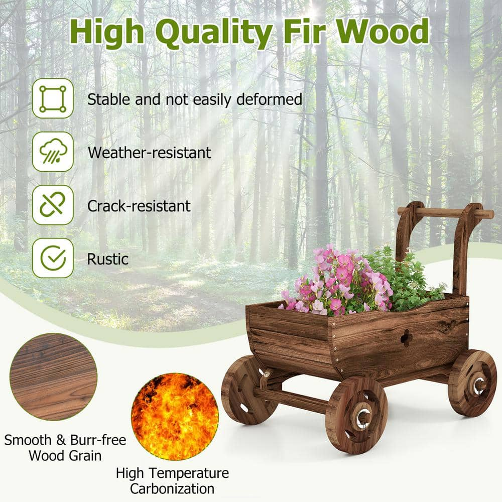 HONEY JOY Wooden Wagon Planter Box Decorative Garden Planter with Wheels Handle Drain Hole Rustic Wooden Flower Planter TOPB006816