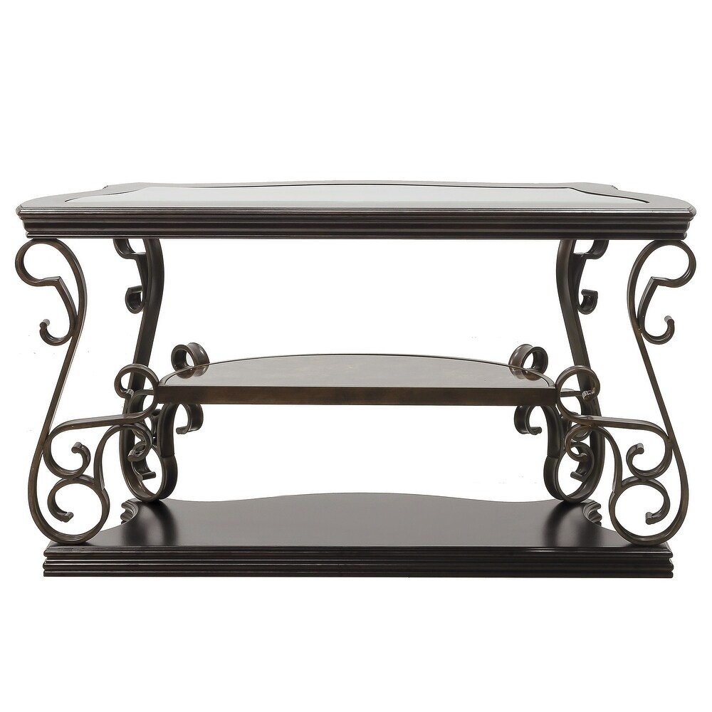 Dark Brown Glass Tabletop Entryway Sofa Table with Shelf