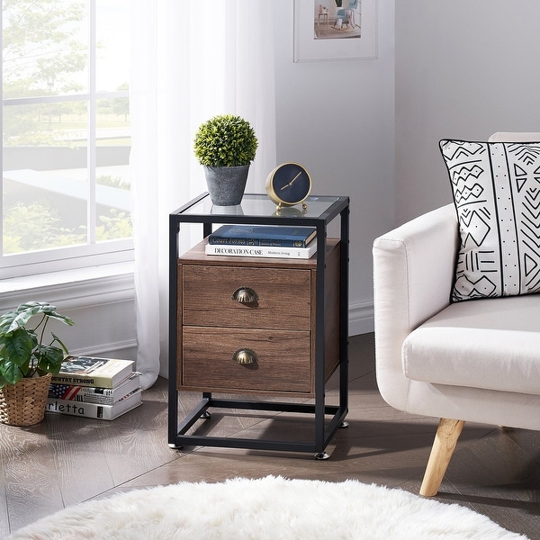 Industrial Coffee Table Set of 3， Rustic Brown Sofa Table and Glass Top Nightstands Set of 2