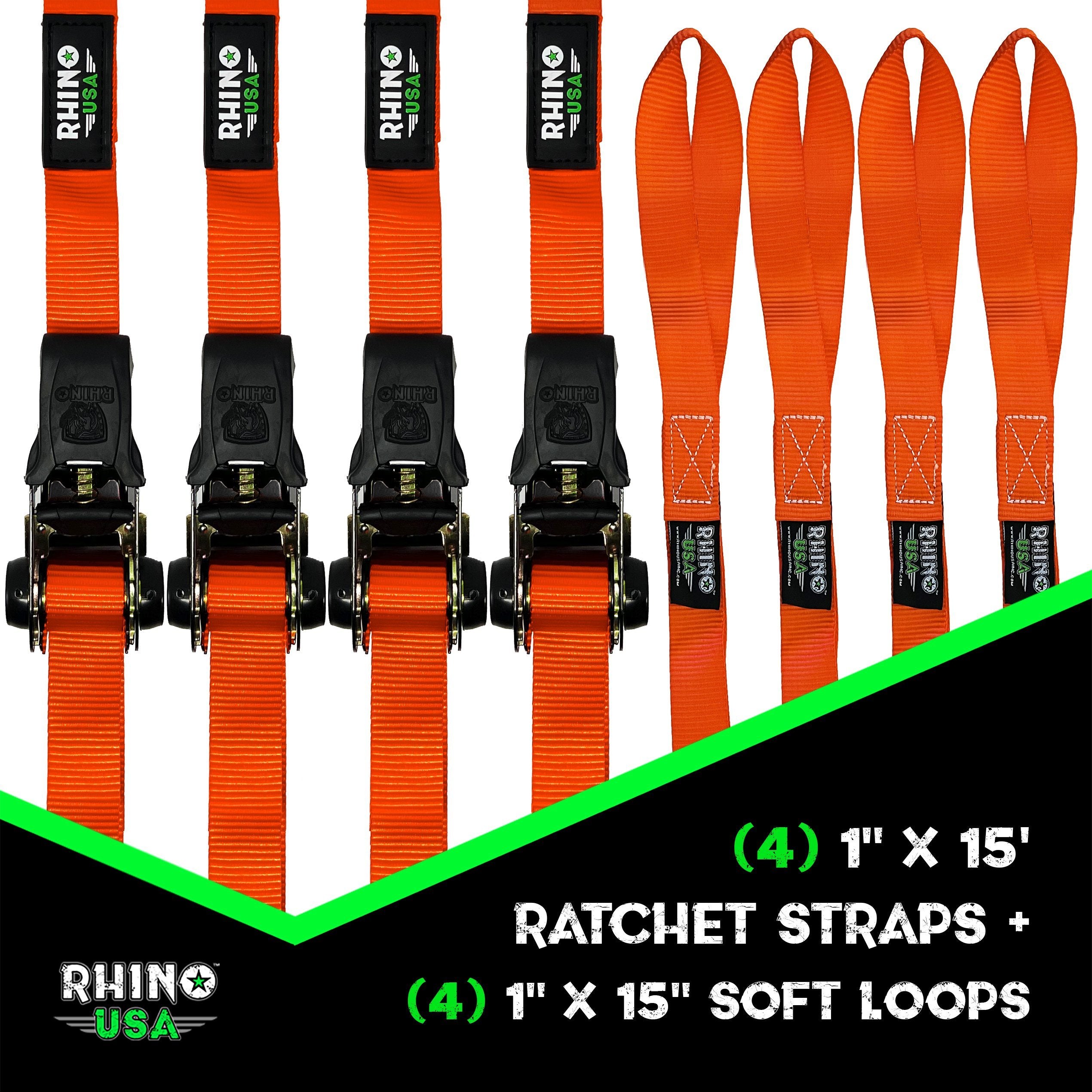 Rhino USA 1" x 15' Ratchet Tie-Down Set (4-Pack), Green