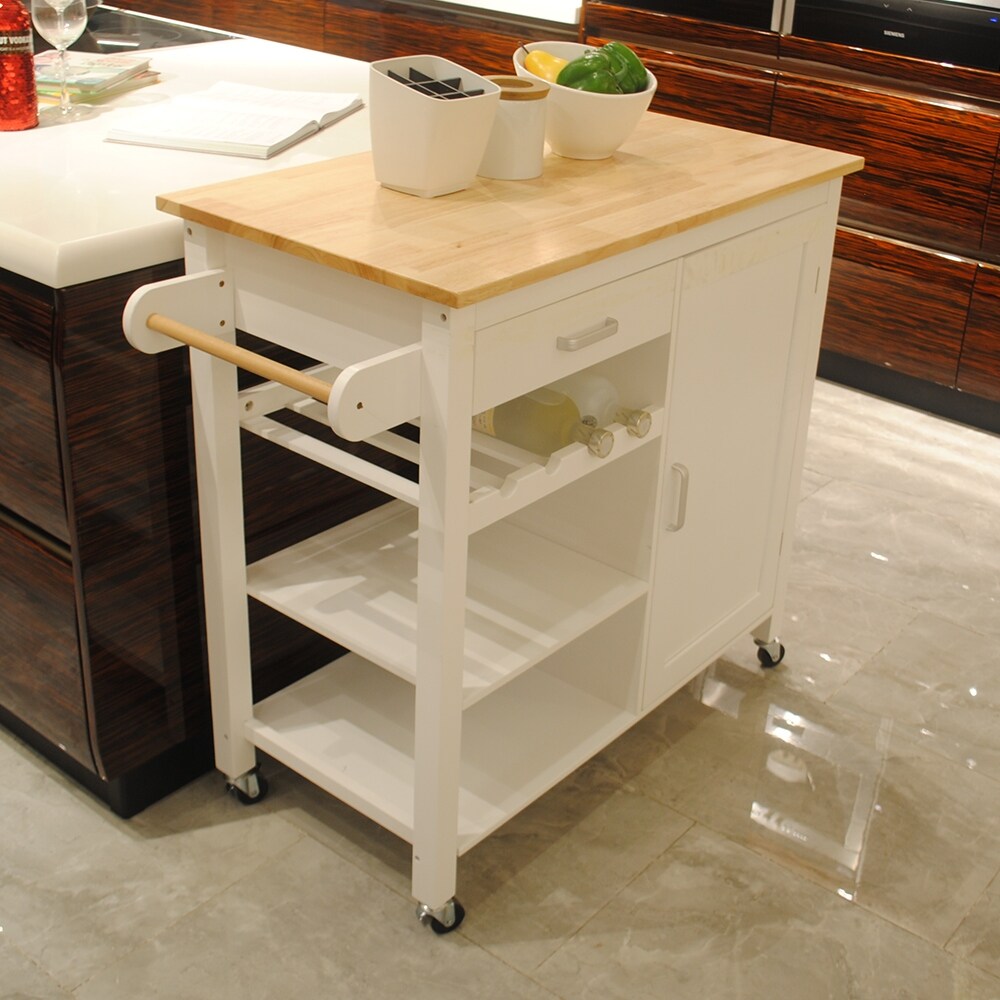 2 tier Open White Shelves Kitchen Island Cart  Movable Kitchen Shelf