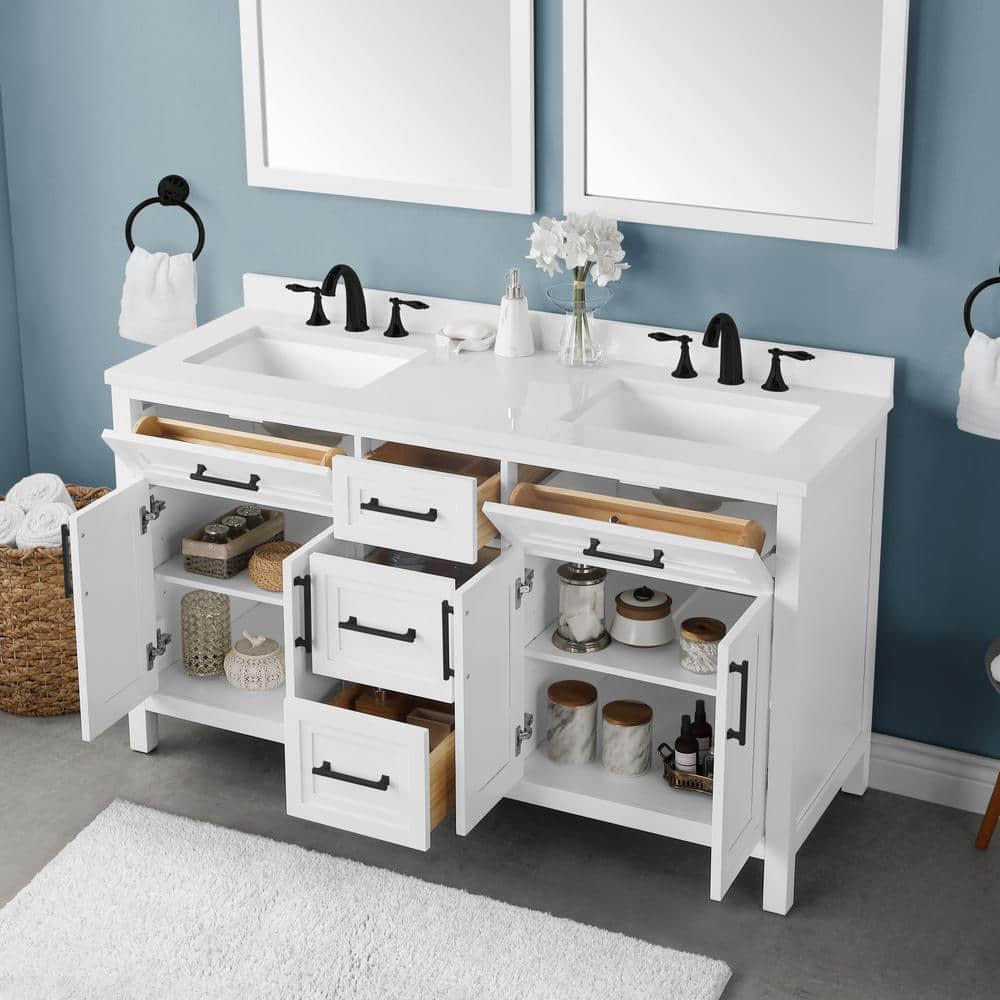 Home Decorators Collection Mayfield 60 in W x 22 in D x 35 in H in White with Cultured Marble Vanity Top in White with White Basins