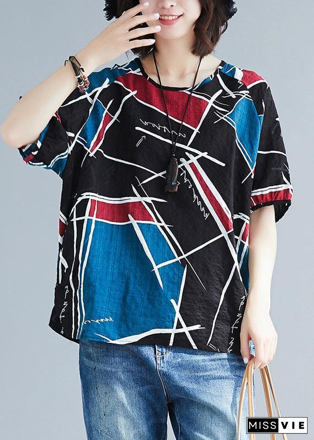 Natural asymmetric prints cotton tunics for women o neck oversized summer blouse