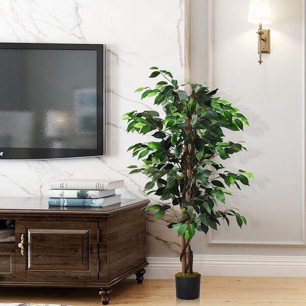 Costway 4 Feet/6 Feet Artificial Ficus Silk Tree Wood Trunks Green