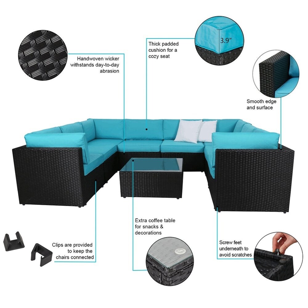 Kinbor 9 piece Outdoor Furniture Patio Sectional Sofa  weather Rattan Wicker Chat Set w/Cushions Patio Indoor