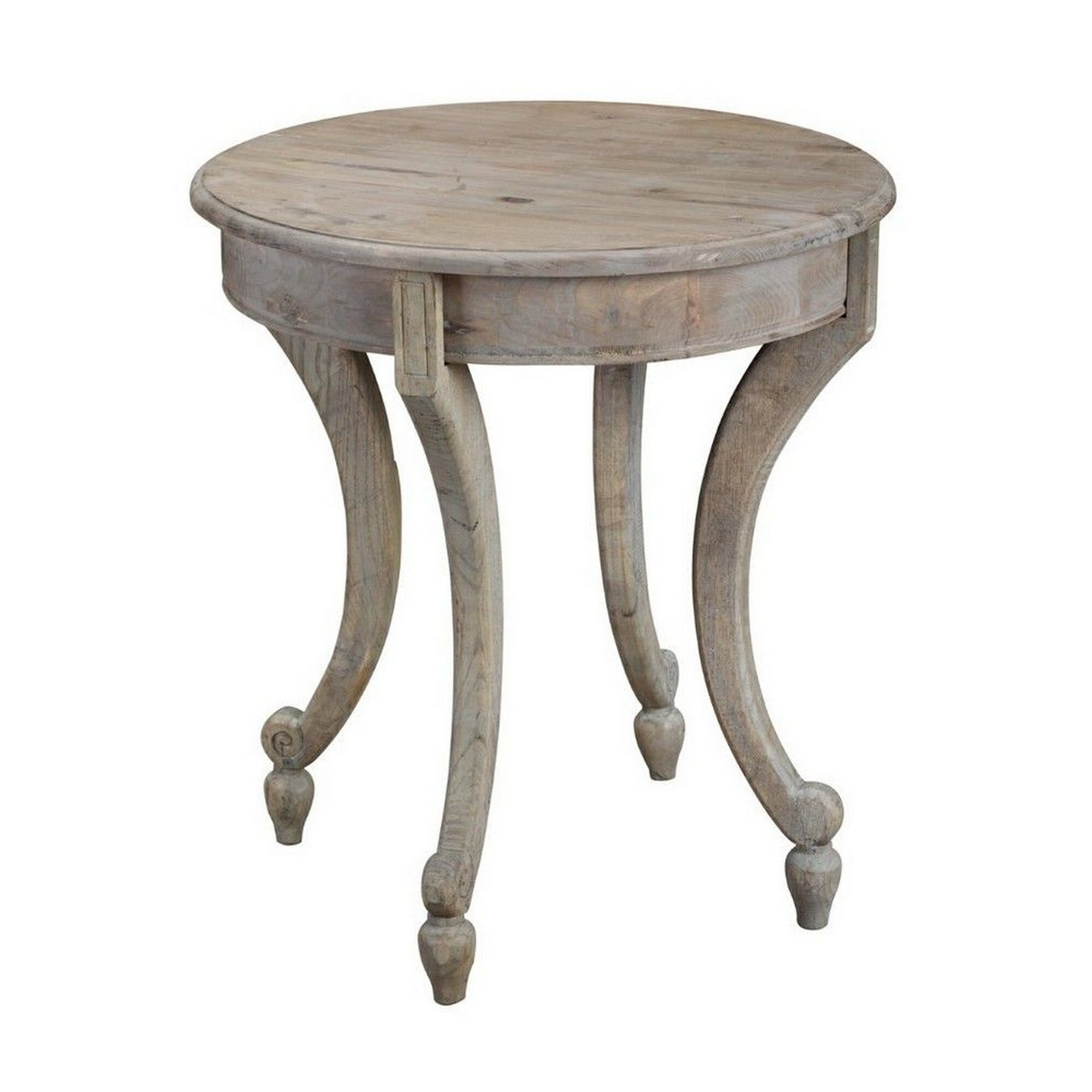 Farmhouse Wooden Side Table with Scrolled Legs and Turnip feet， Taupe Brown