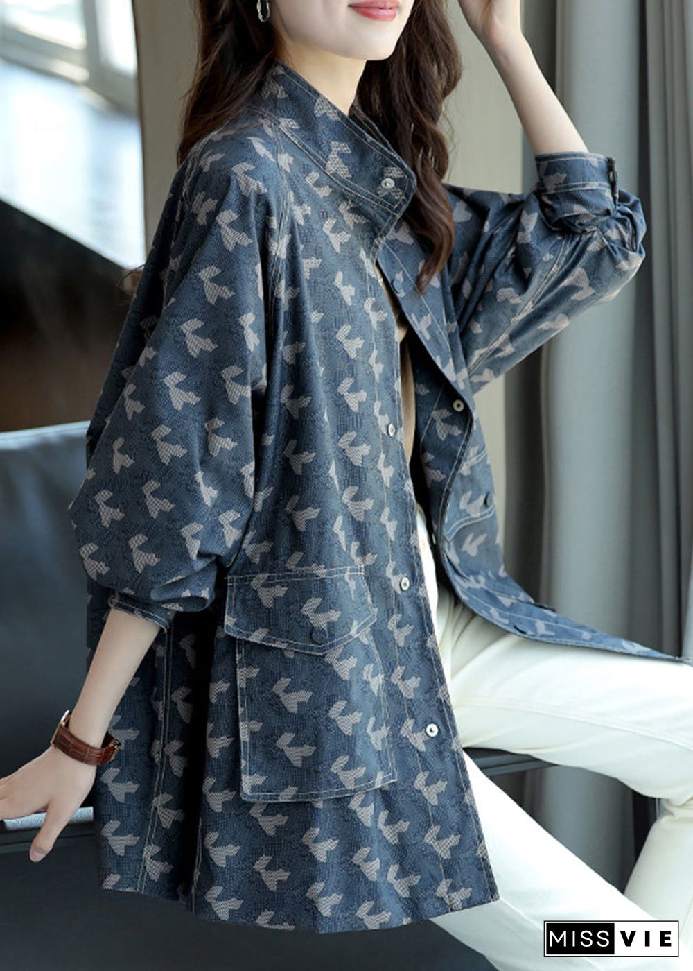 Elegant Blue Stand Collar Print Pockets Coats Long Sleeve