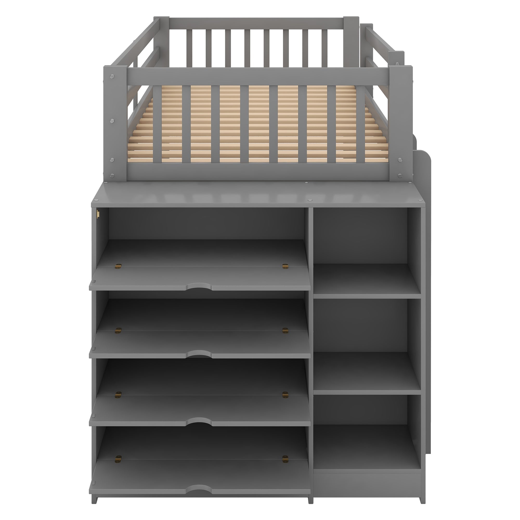 Euroco Twin over Twin Bunk Bed with Attached Cabinet and Storage Shelves for Kids, Gray