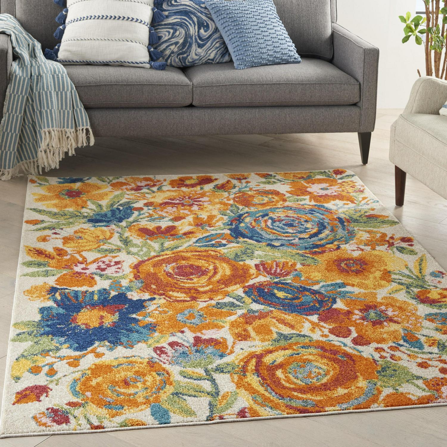 Nourison Allur Contemporary Floral Ivory Multicolor 53 x 73 Area Rug， (5and#8242; x 7and#8242;)