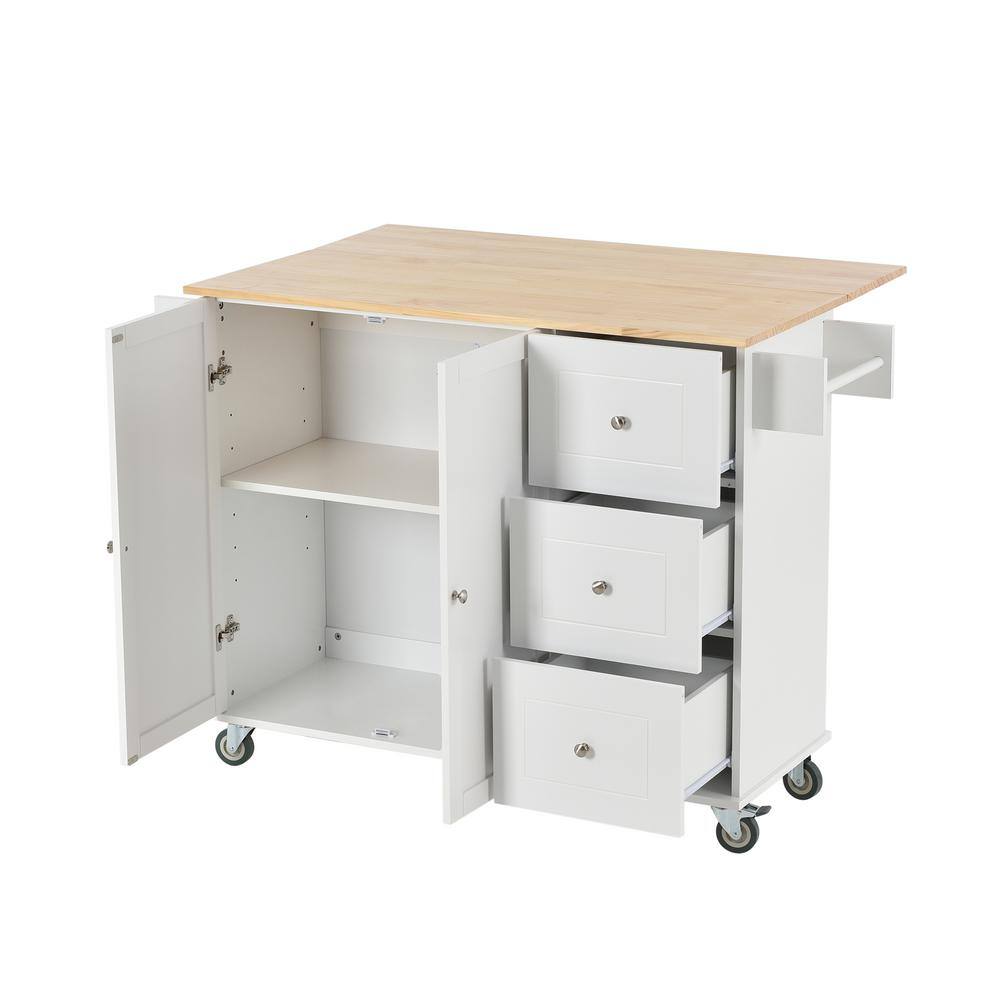 HwoamneT White Kitchen Island with Solid Wood Top Locking Wheels Storage Cabinet Drop Leaf Breakfast Bar Towel Rack Drawers SH#WF287035WH