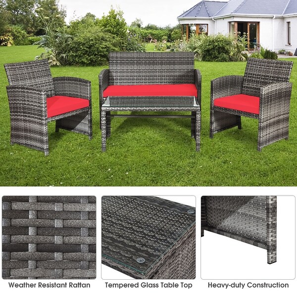 Costway 4PCS Patio Rattan Furniture Set Conversation Glass Table Top