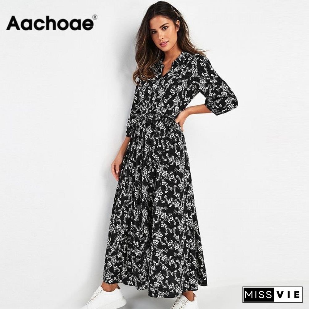 Aachoae Vintage Floral Print Maxi Dress Women Boho Three Quarter Sleeve Long Dress Turn Down Collar Casual Shirt Dresses Robe