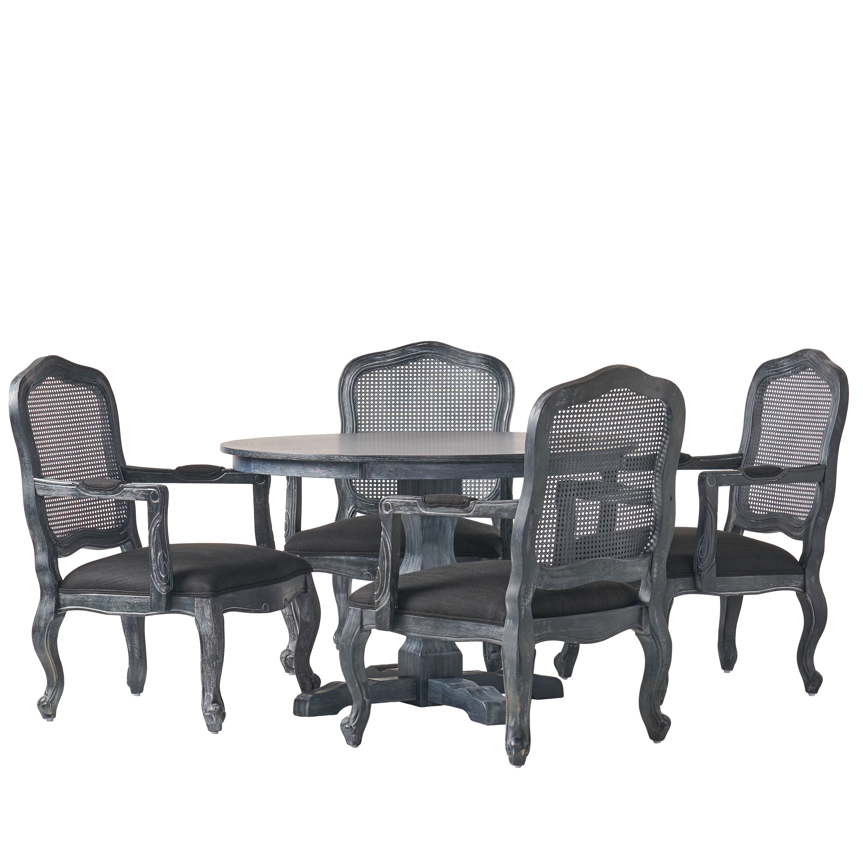 Absaroka French Country Fabric Upholstered Wood and Cane 5 Piece Circular Dining Set