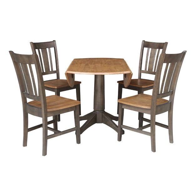 Round Dual Drop Leaf Dining Table With 4 Splat Back Chairs Hickory washed Coal International Concepts